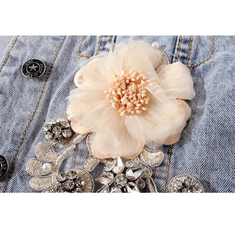 2023 Spring Autumn Women’s Denim Jacket Long Sleeve Overcoat Loose Three-dimensional Button Pearls Outwear Ripped Jeans Jackets
