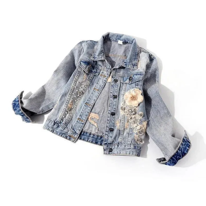 2023 Spring Autumn Women’s Denim Jacket Long Sleeve Overcoat Loose Three-dimensional Button Pearls Outwear Ripped Jeans Jackets