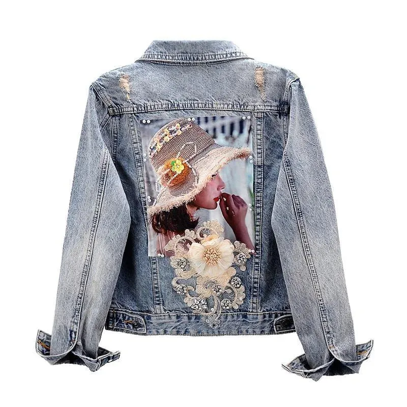 2023 Spring Autumn Women’s Denim Jacket Long Sleeve Overcoat Loose Three-dimensional Button Pearls Outwear Ripped Jeans Jackets