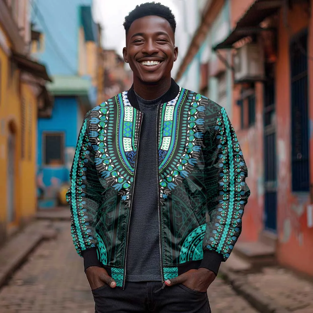 African Dashiki and Polynesian Pattern Bomber Jacket Teal LT9