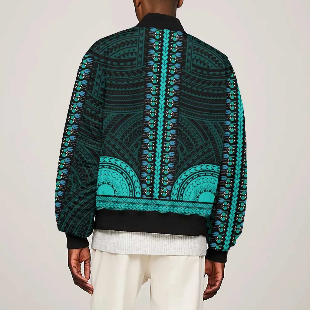 African Dashiki and Polynesian Pattern Bomber Jacket Teal LT9