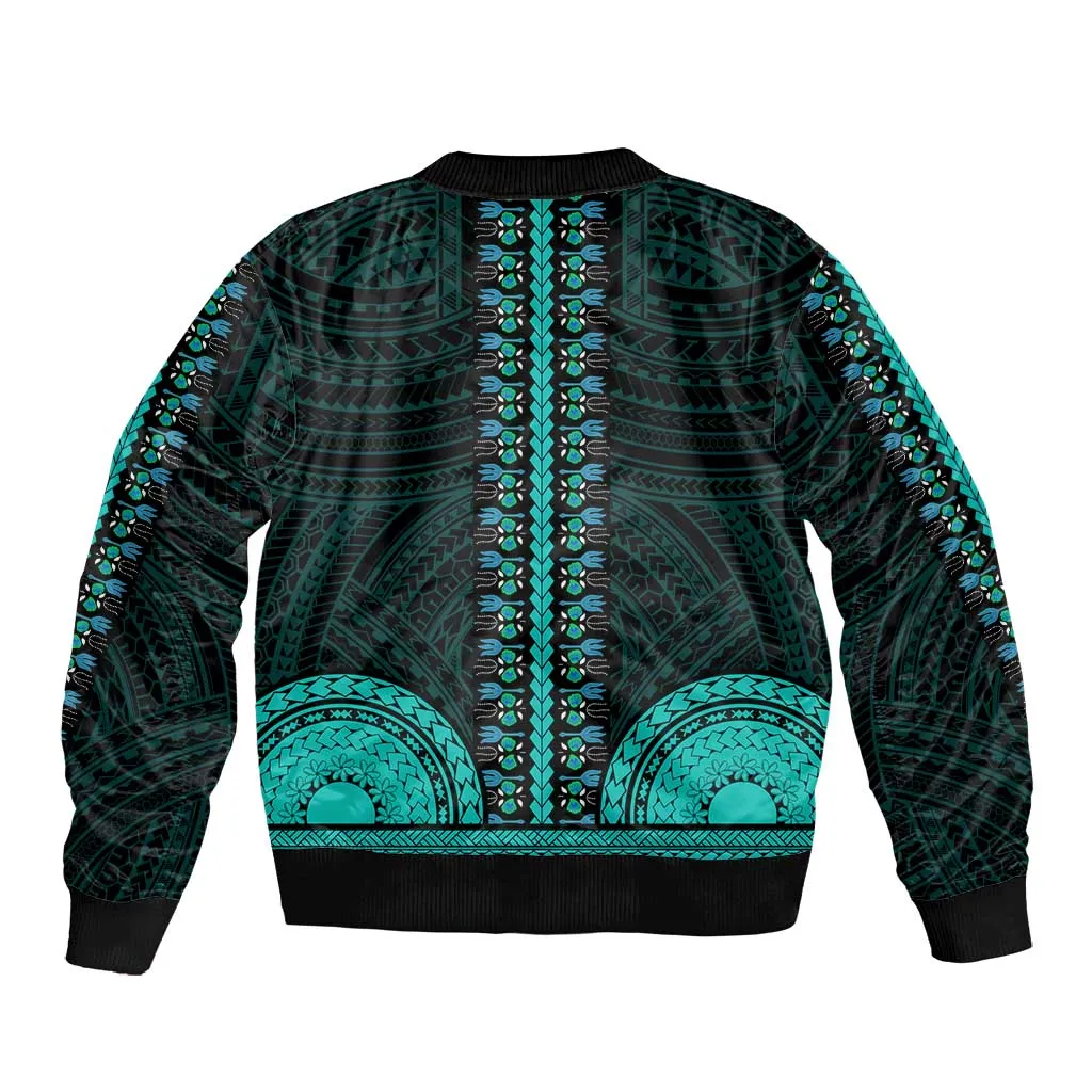 African Dashiki and Polynesian Pattern Bomber Jacket Teal LT9