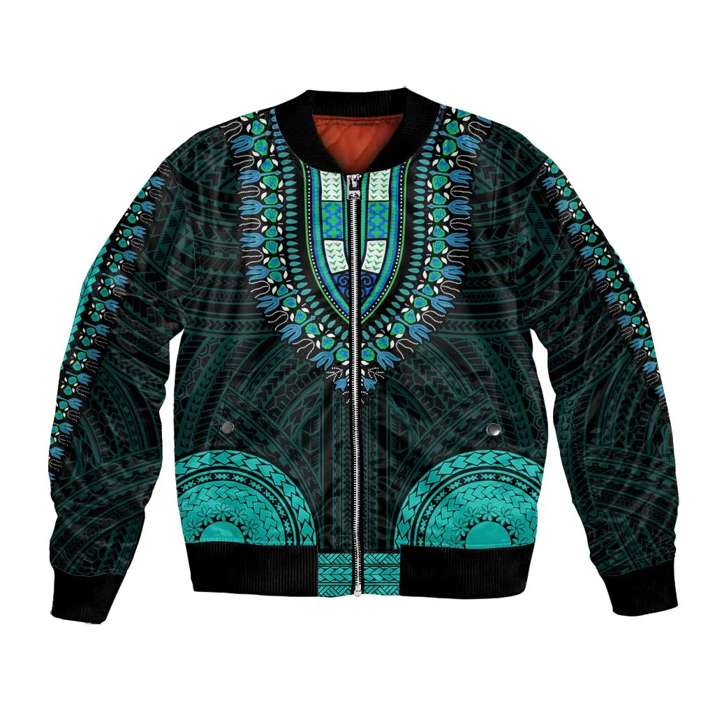 African Dashiki and Polynesian Pattern Bomber Jacket Teal LT9