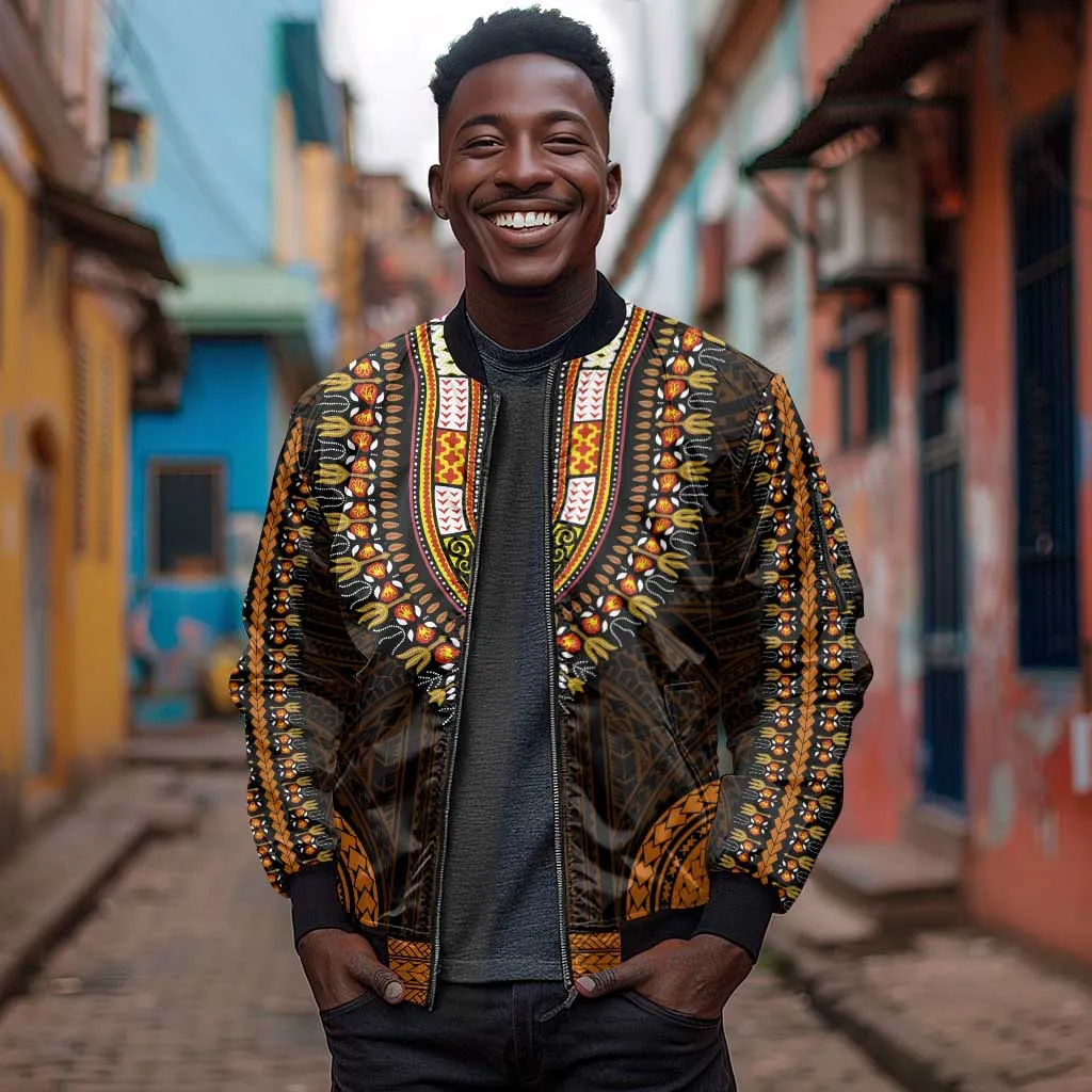 African Dashiki and Polynesian Pattern Sleeve Zip Bomber Jacket Gold LT9
