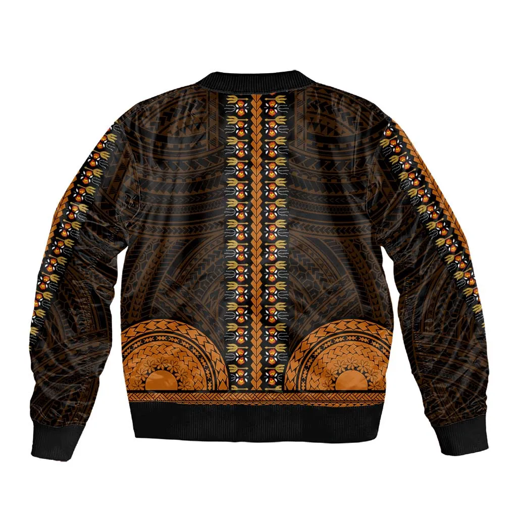 African Dashiki and Polynesian Pattern Sleeve Zip Bomber Jacket Gold LT9
