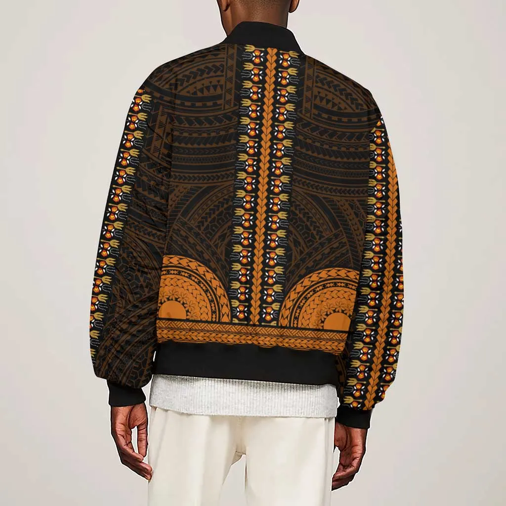 African Dashiki and Polynesian Pattern Sleeve Zip Bomber Jacket Gold LT9