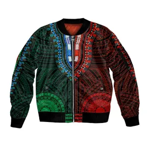 African Dashiki and Polynesian Pattern Sleeve Zip Bomber Jacket Half Green-Red LT9