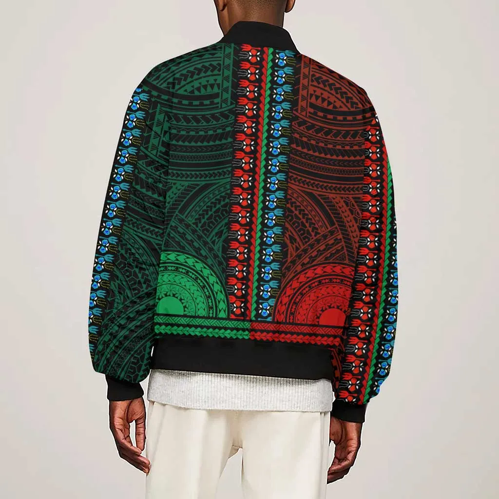 African Dashiki and Polynesian Pattern Sleeve Zip Bomber Jacket Half Green-Red LT9