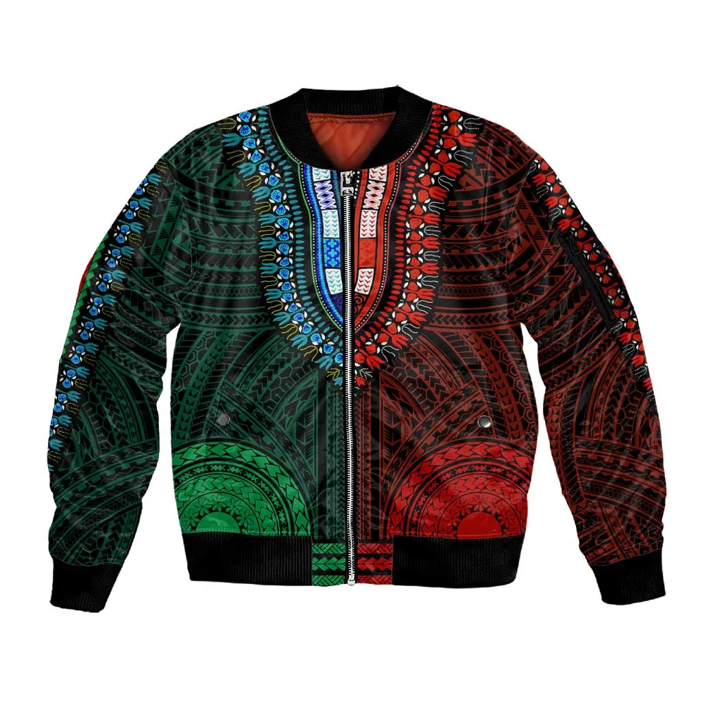 African Dashiki and Polynesian Pattern Sleeve Zip Bomber Jacket Half Green-Red LT9