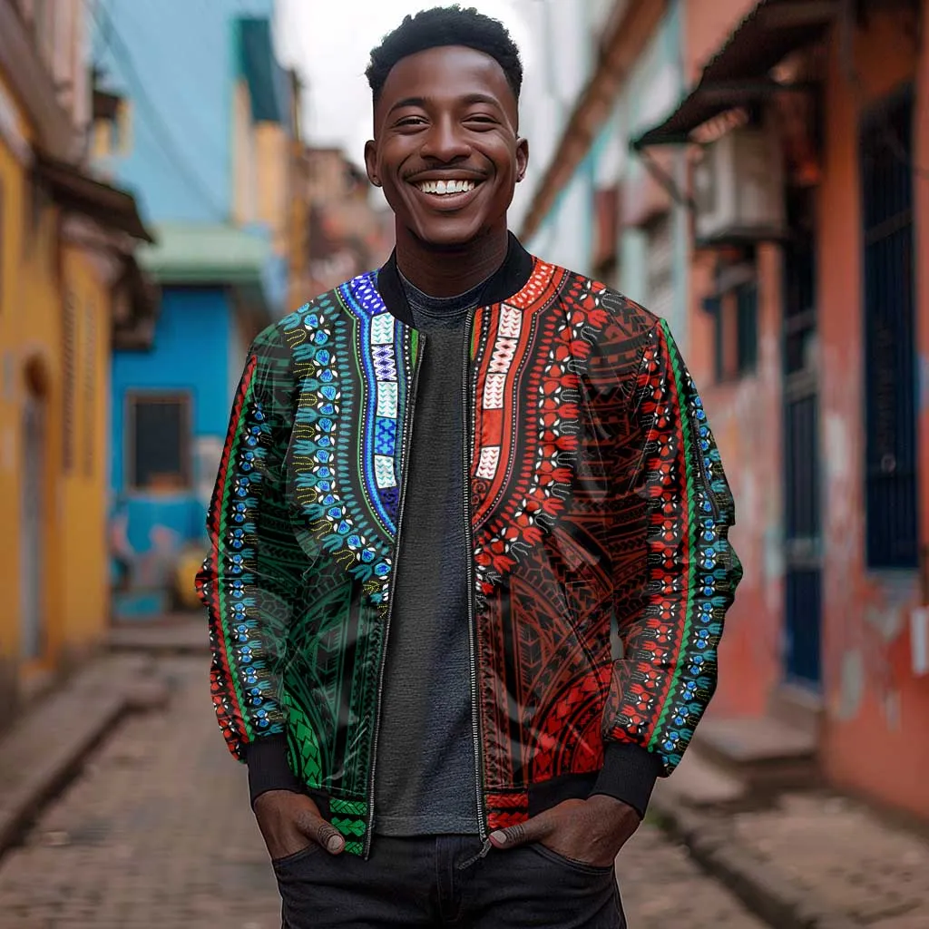 African Dashiki and Polynesian Pattern Sleeve Zip Bomber Jacket Half Green-Red LT9