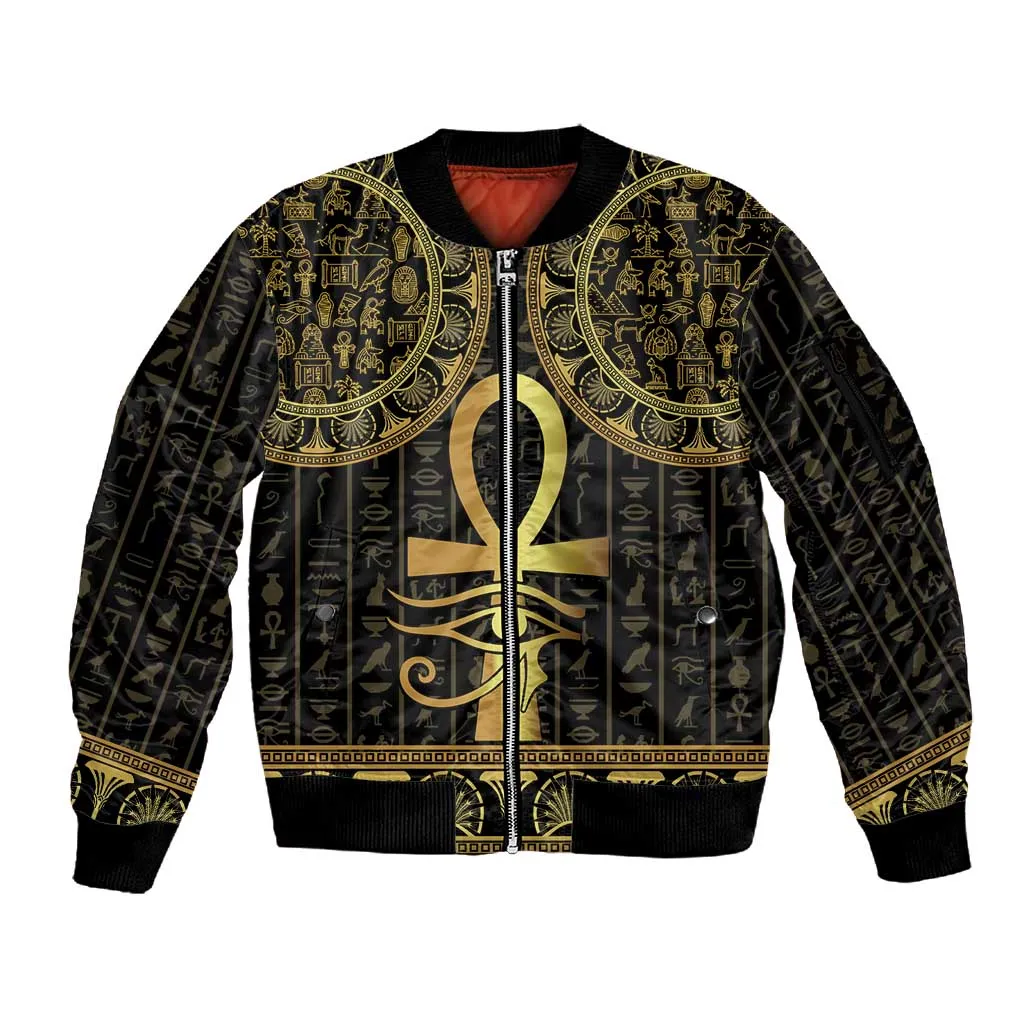 Afro Ancient Egypt Ankh and Eye Of Horus Sleeve Zip Bomber Jacket Egyptian Hieroglyphs LT14
