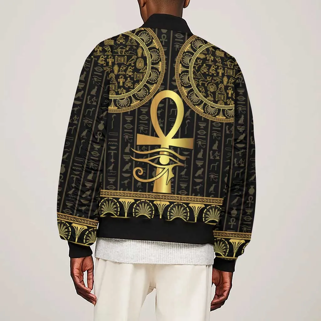 Afro Ancient Egypt Ankh and Eye Of Horus Sleeve Zip Bomber Jacket Egyptian Hieroglyphs LT14