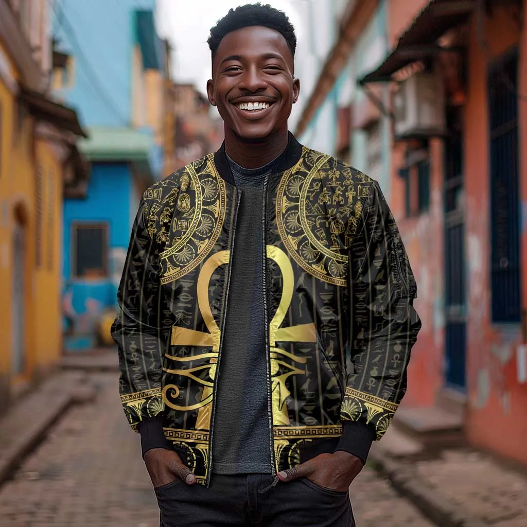 Afro Ancient Egypt Ankh and Eye Of Horus Sleeve Zip Bomber Jacket Egyptian Hieroglyphs LT14