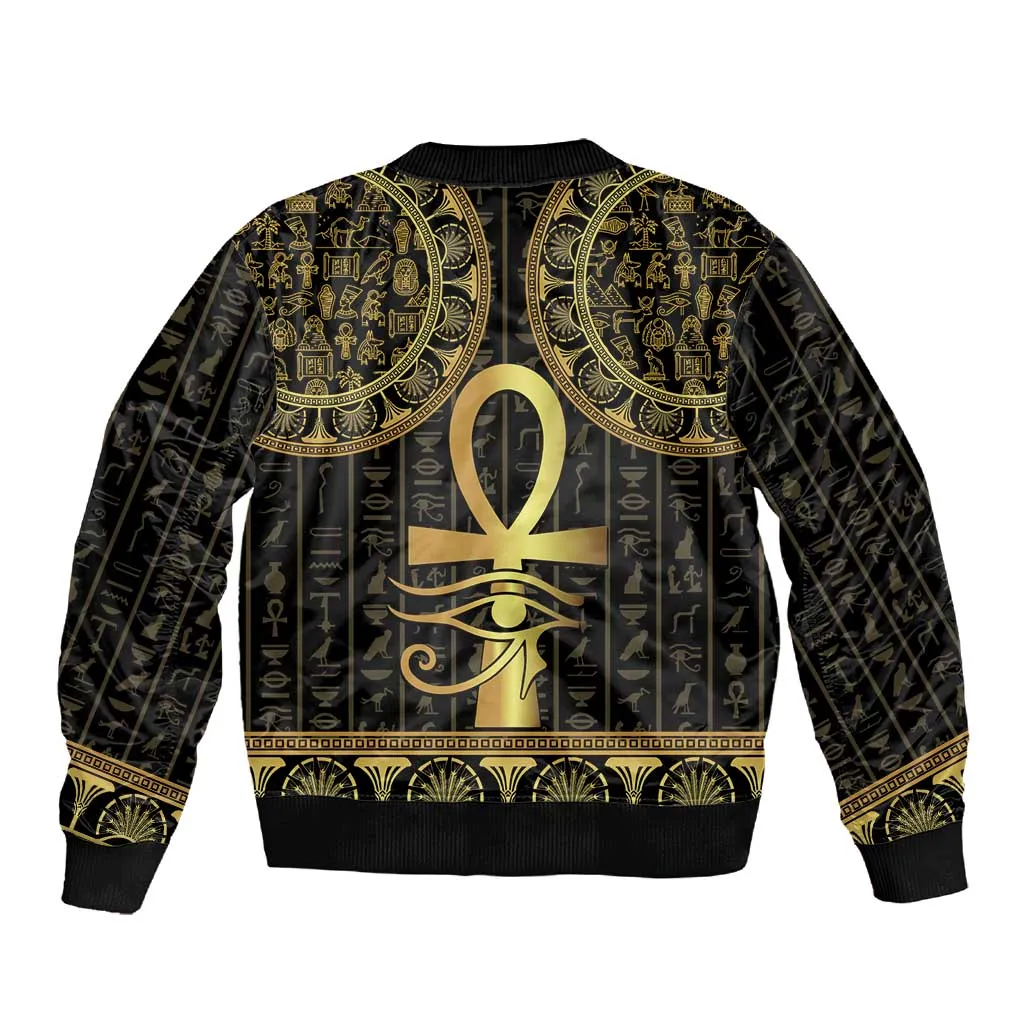 Afro Ancient Egypt Ankh and Eye Of Horus Sleeve Zip Bomber Jacket Egyptian Hieroglyphs LT14