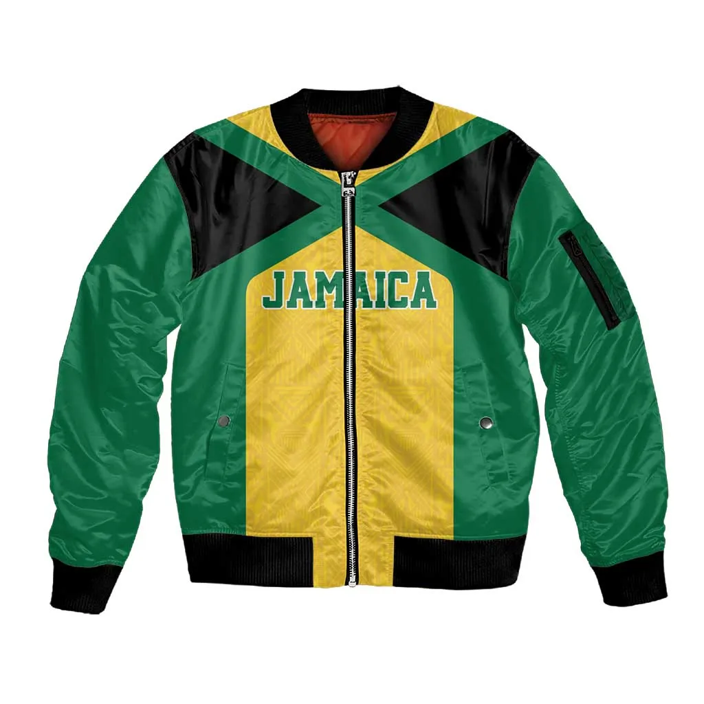 Afro-Jamaicans Football Custom Sleeve Zip Bomber Jacket Gold Ethnic Motifs LT9