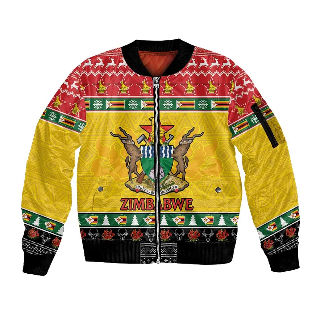 Afro Zimbabwe Christmas Sleeve Zip Bomber Jacket Coat Of Arms - African Pattern LT15