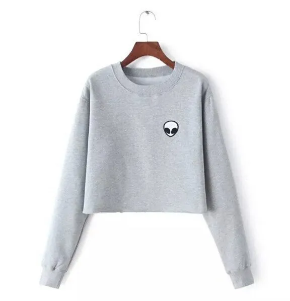 Alien Printed Long-sleeved Women Sweatshirt Autumn Plus Velvet Hoodie Plus Size Loose Casual Short Sweatshirts Crop Top