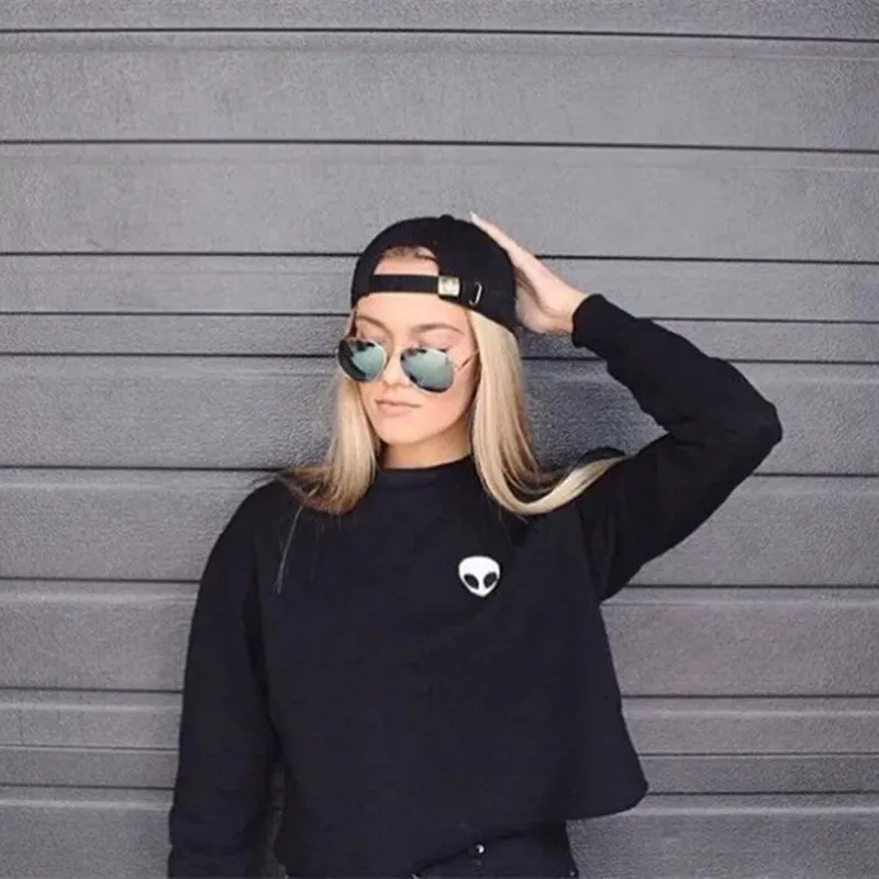 Alien Printed Long-sleeved Women Sweatshirt Autumn Plus Velvet Hoodie Plus Size Loose Casual Short Sweatshirts Crop Top