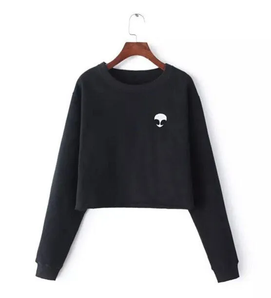 Alien Printed Long-sleeved Women Sweatshirt Autumn Plus Velvet Hoodie Plus Size Loose Casual Short Sweatshirts Crop Top