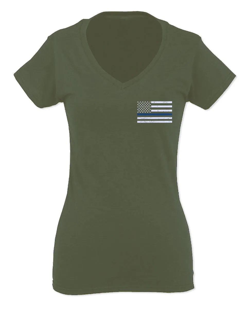 American Flag Thin Blue Line USA Police Support Lives Matter For Women V neck fitted T Shirt