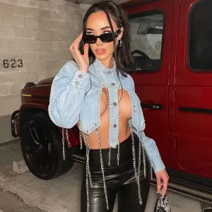 Asymmetric Metal Chain Pocket Front Crop Denim Jacket - Blue