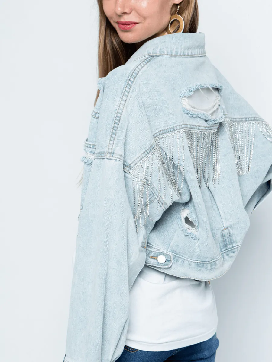 Back Tassel Sequins Ribbed Denim Jacket - Blue