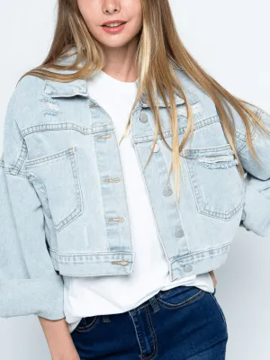 Back Tassel Sequins Ribbed Denim Jacket - Blue
