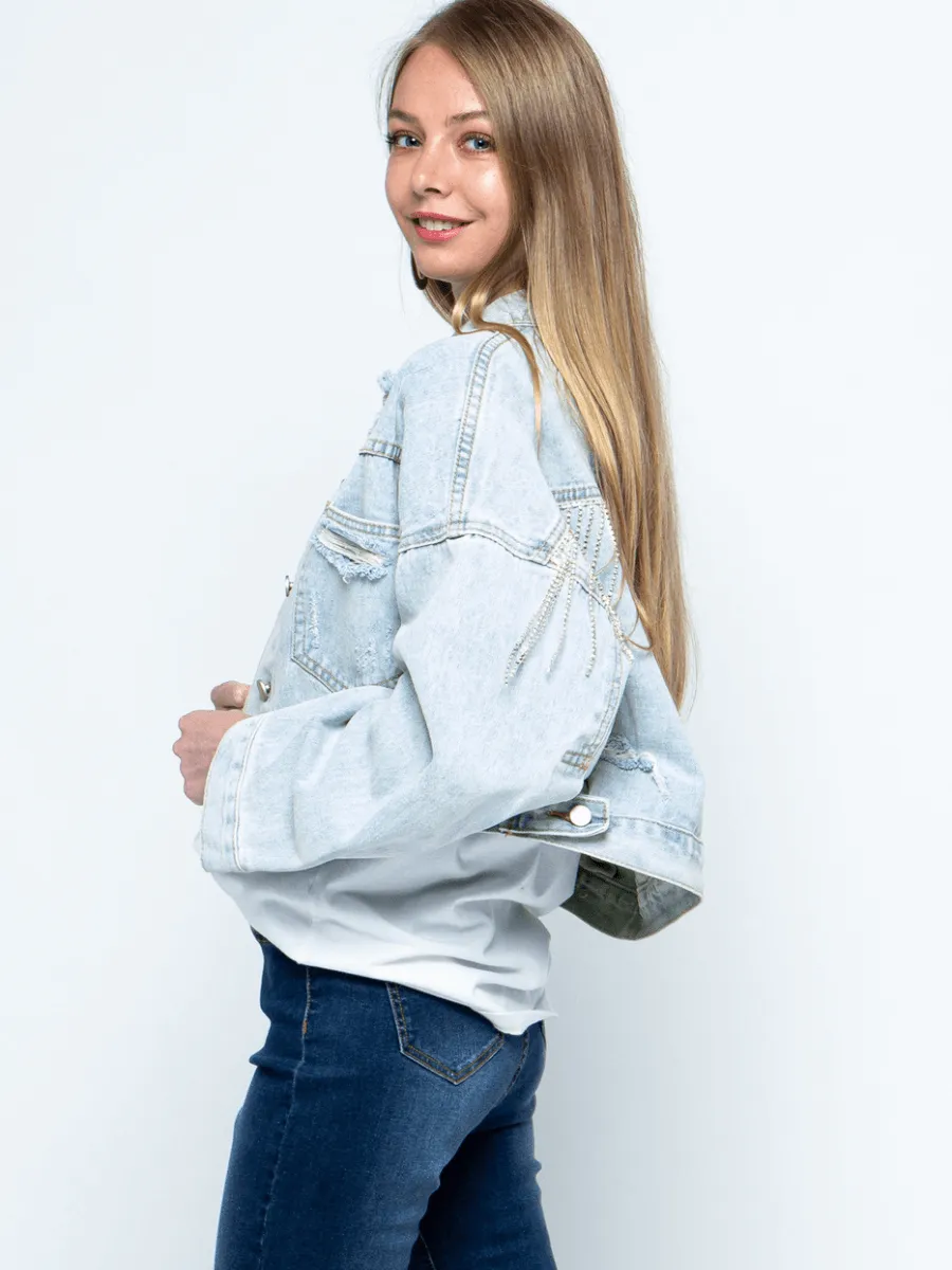 Back Tassel Sequins Ribbed Denim Jacket - Blue