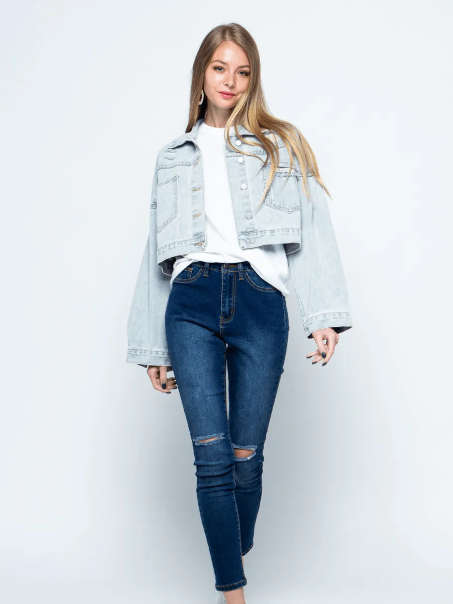 Back Tassel Sequins Ribbed Denim Jacket - Blue