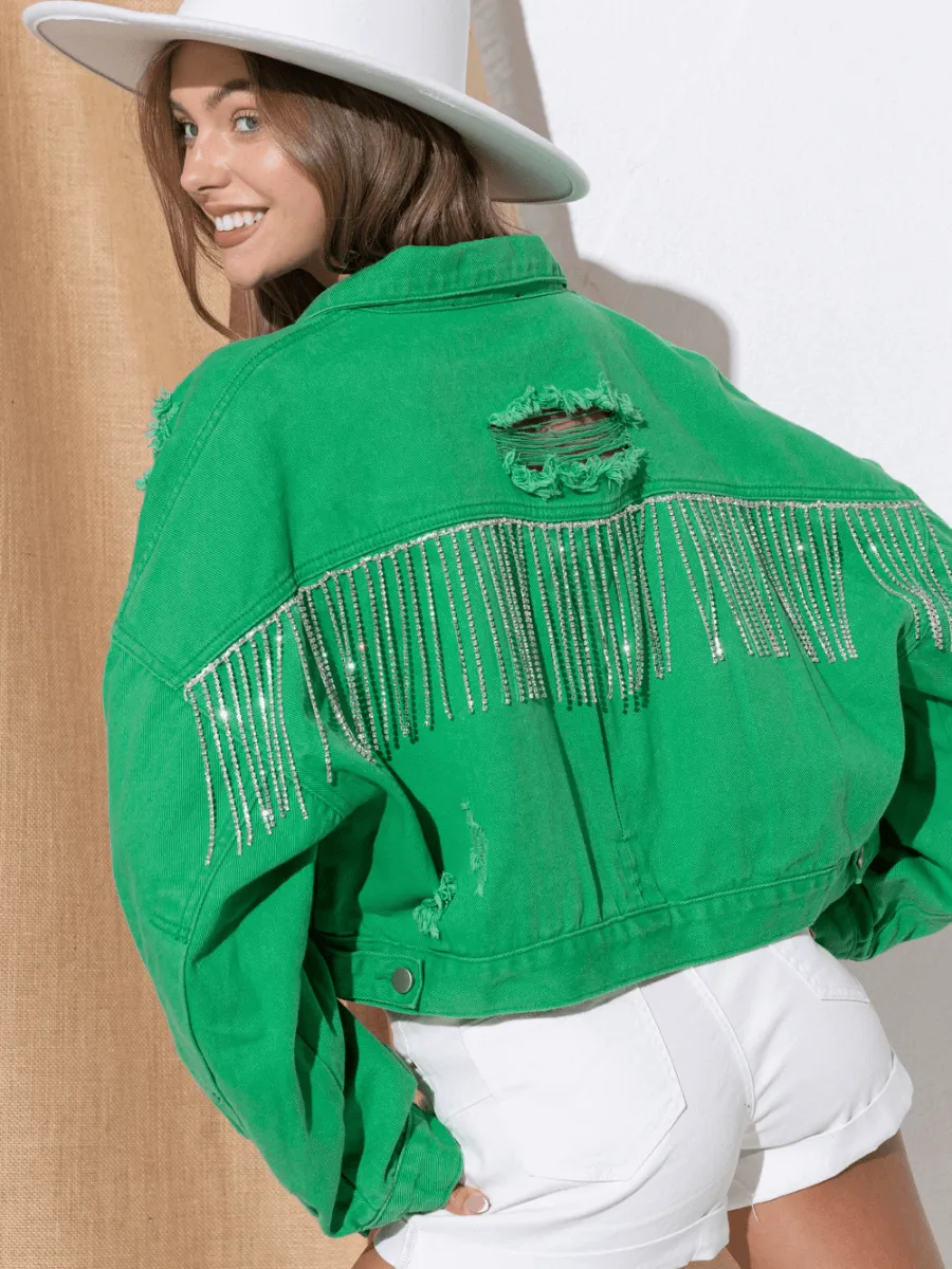 Back Tassel Sequins Ribbed Denim Jacket - Green