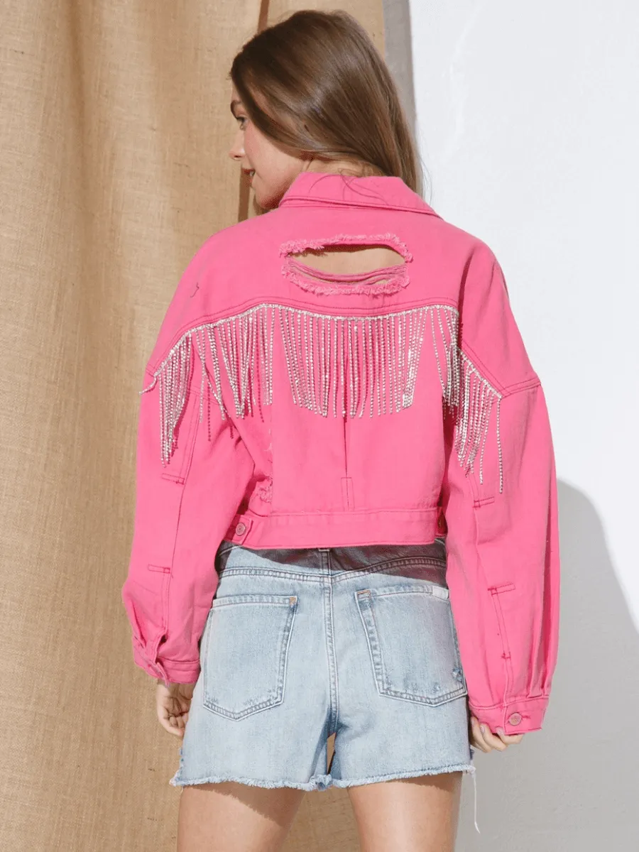 Back Tassel Sequins Ribbed Denim Jacket - Pink