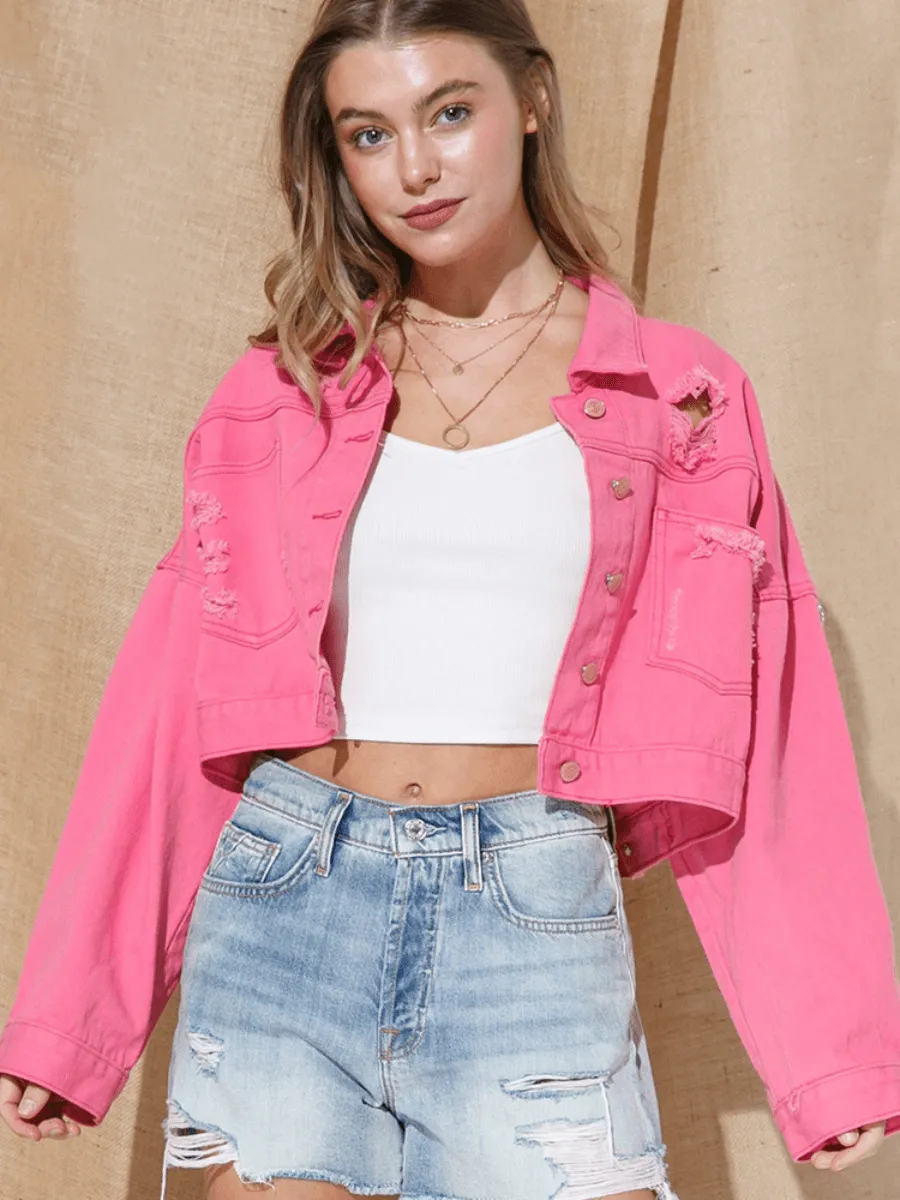 Back Tassel Sequins Ribbed Denim Jacket - Pink