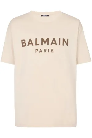 Balmain Brown Logo Print T-Shirt in Ivory Brown