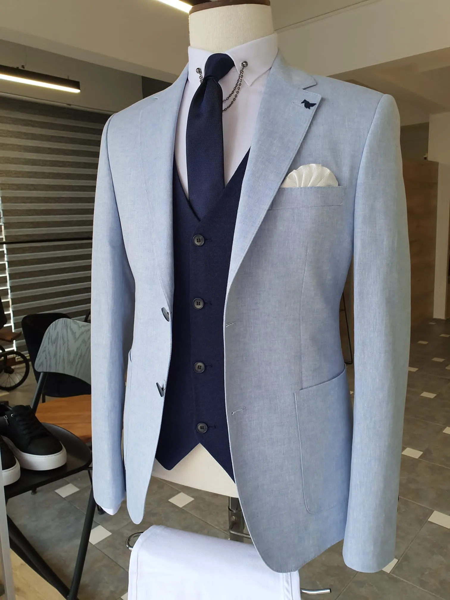 Berton Blue Slim Fit Notch Lapel Linen Suit - Elegance Meets Versatility