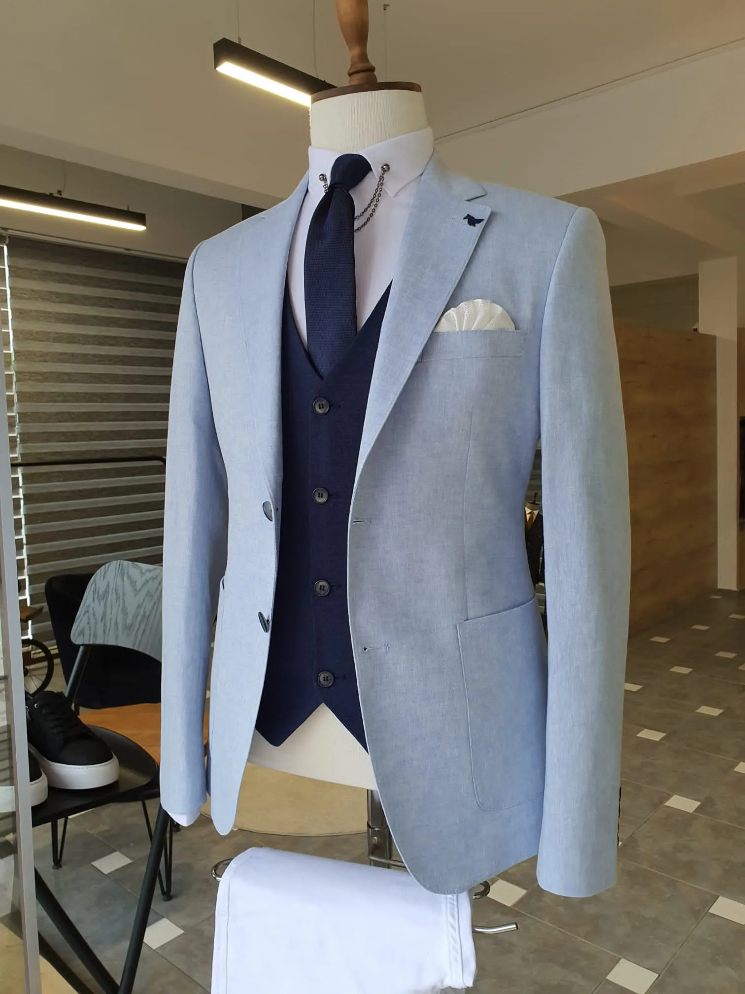 Berton Blue Slim Fit Notch Lapel Linen Suit - Elegance Meets Versatility