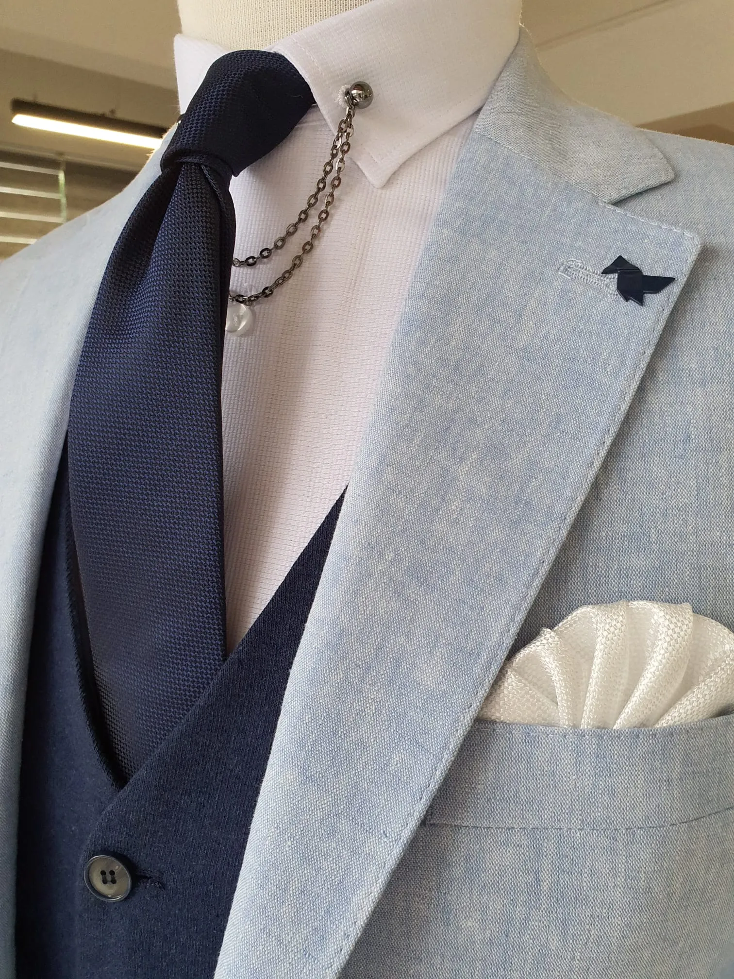 Berton Blue Slim Fit Notch Lapel Linen Suit - Elegance Meets Versatility
