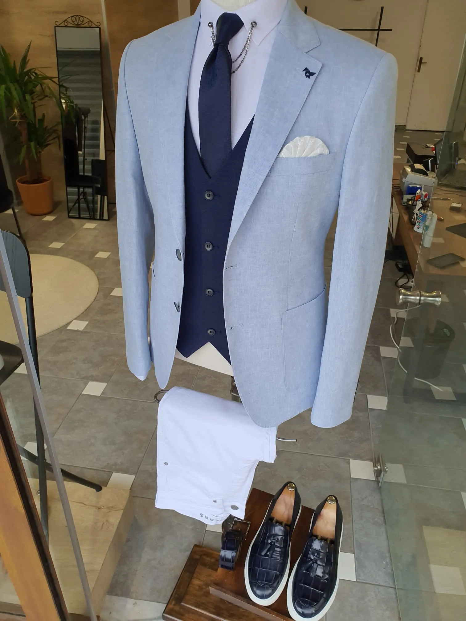 Berton Blue Slim Fit Notch Lapel Linen Suit - Elegance Meets Versatility