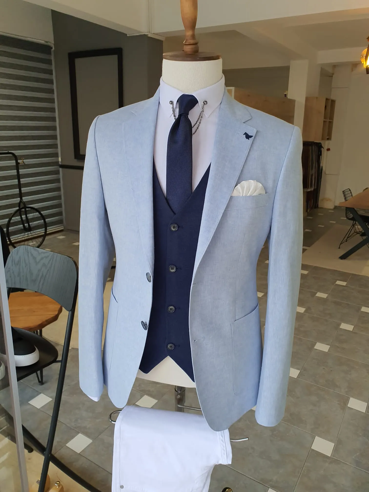 Berton Blue Slim Fit Notch Lapel Linen Suit - Elegance Meets Versatility