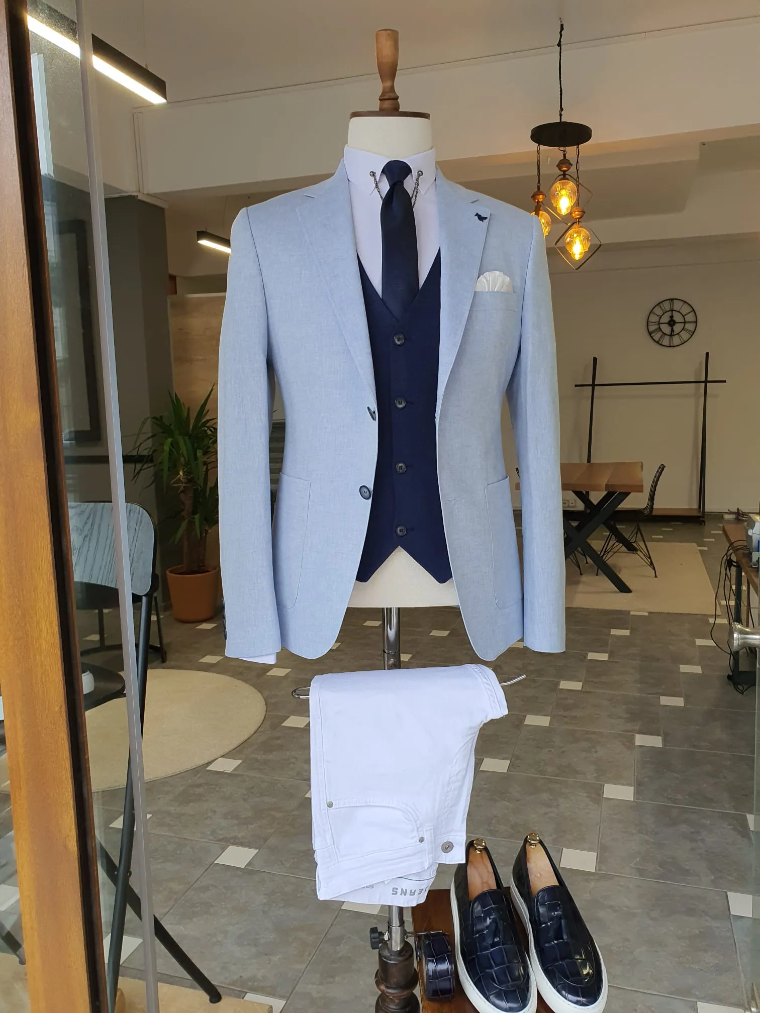 Berton Blue Slim Fit Notch Lapel Linen Suit - Elegance Meets Versatility