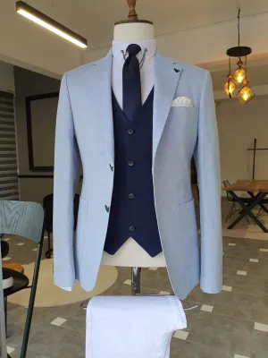 Berton Blue Slim Fit Notch Lapel Linen Suit - Elegance Meets Versatility