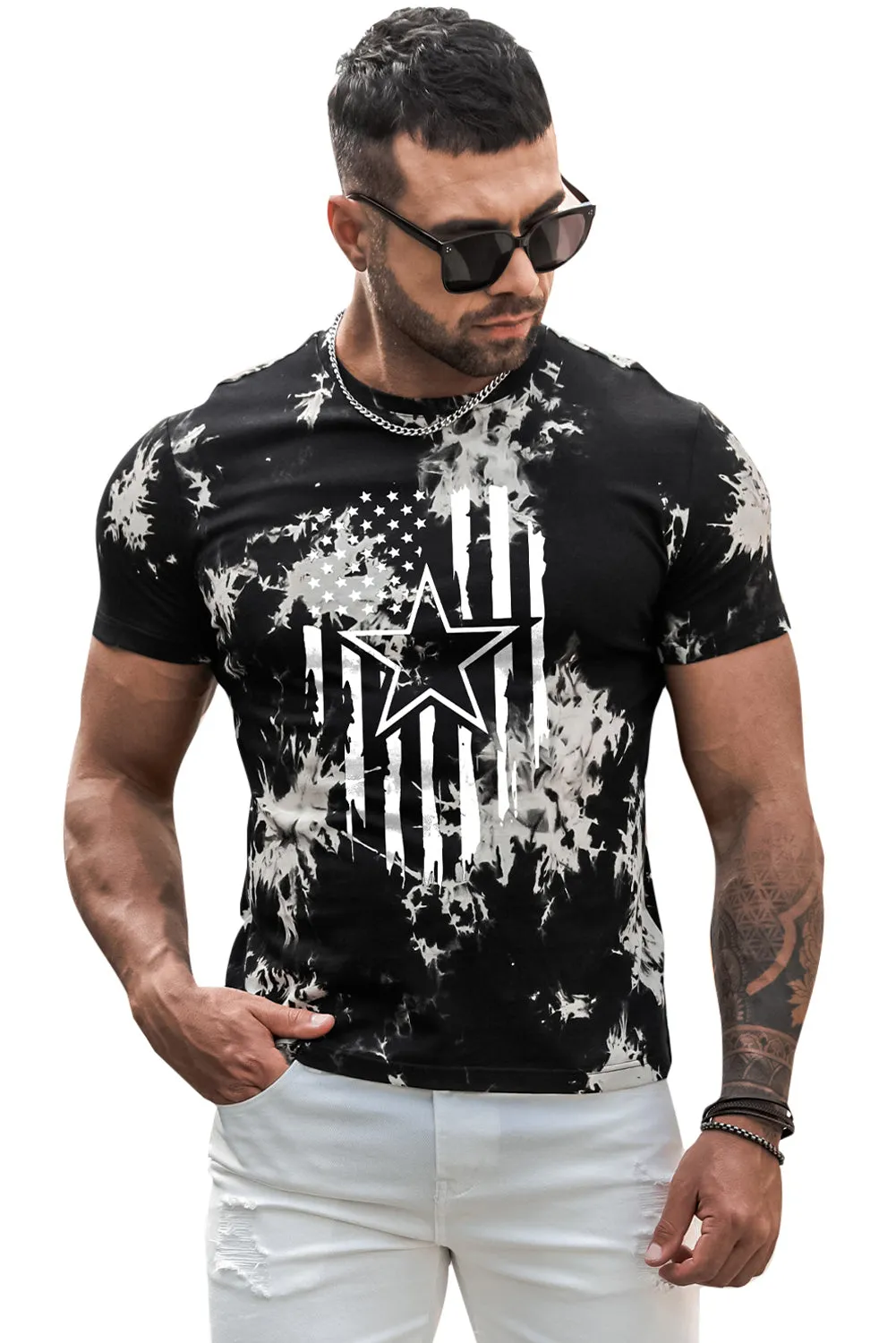 Black American Flag Star Tie Dyed Print Men's Graphic T-shirt