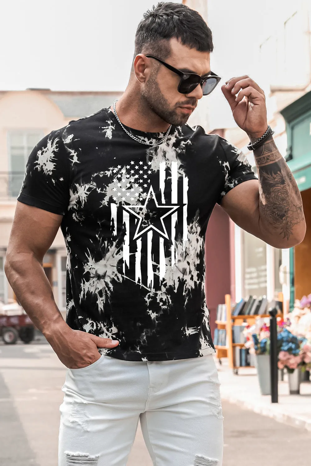 Black American Flag Star Tie Dyed Print Men's Graphic T-shirt