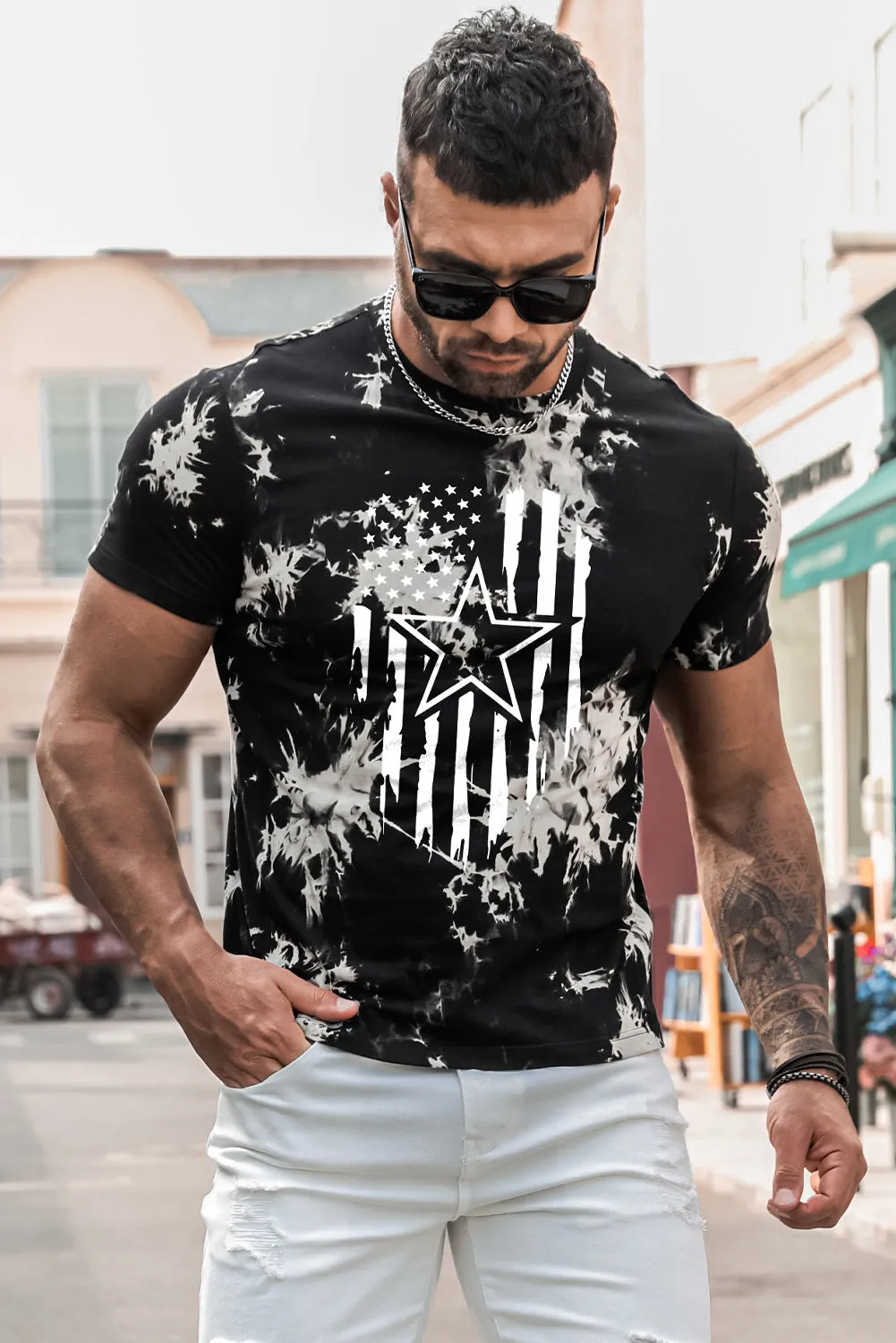 Black American Flag Star Tie Dyed Print Men's Graphic T-shirt