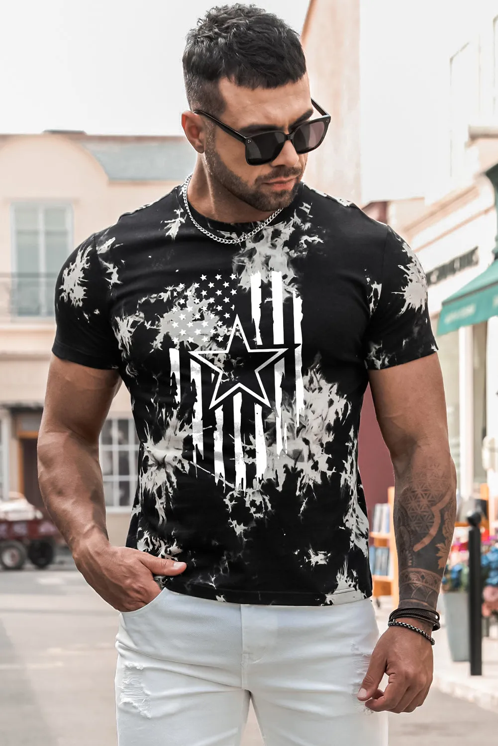Black American Flag Star Tie Dyed Print Men's Graphic T-shirt