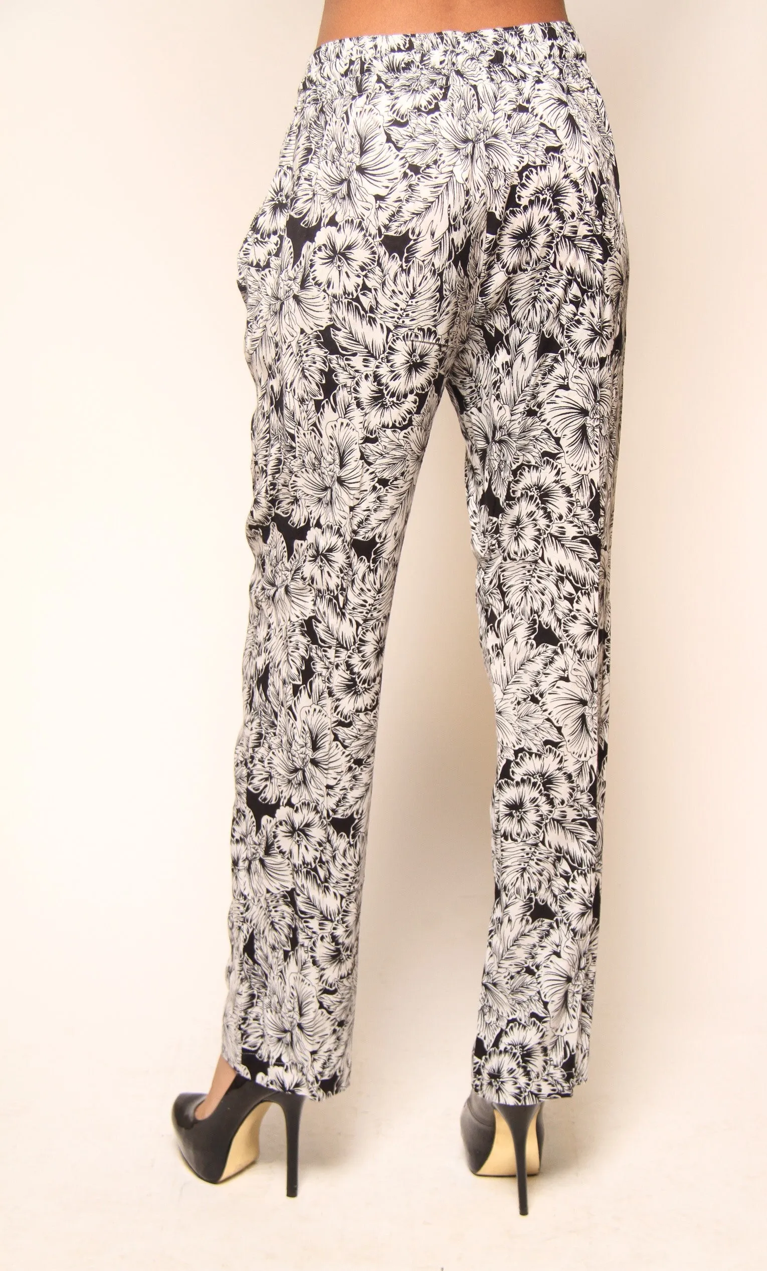 Black And White Pants With Elastic Drawstring Waist  With Pockets
