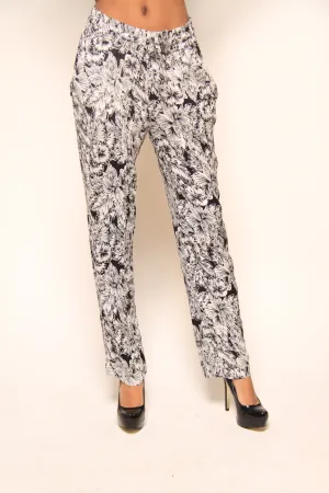 Black And White Pants With Elastic Drawstring Waist  With Pockets