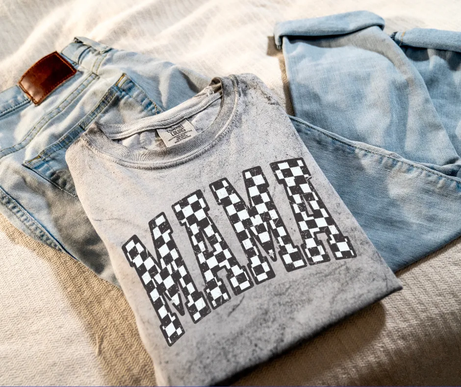 Black Checkered Mama Grey Tie Dye Tee