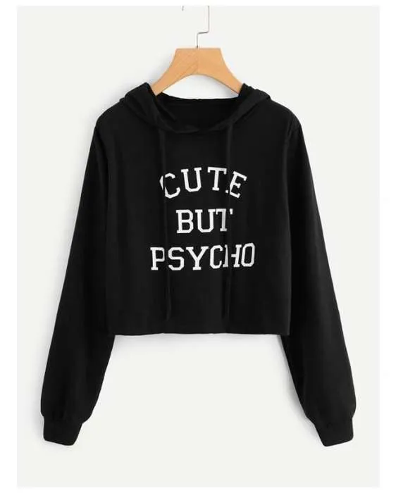 Black Cotton Crop Hoddie For Women