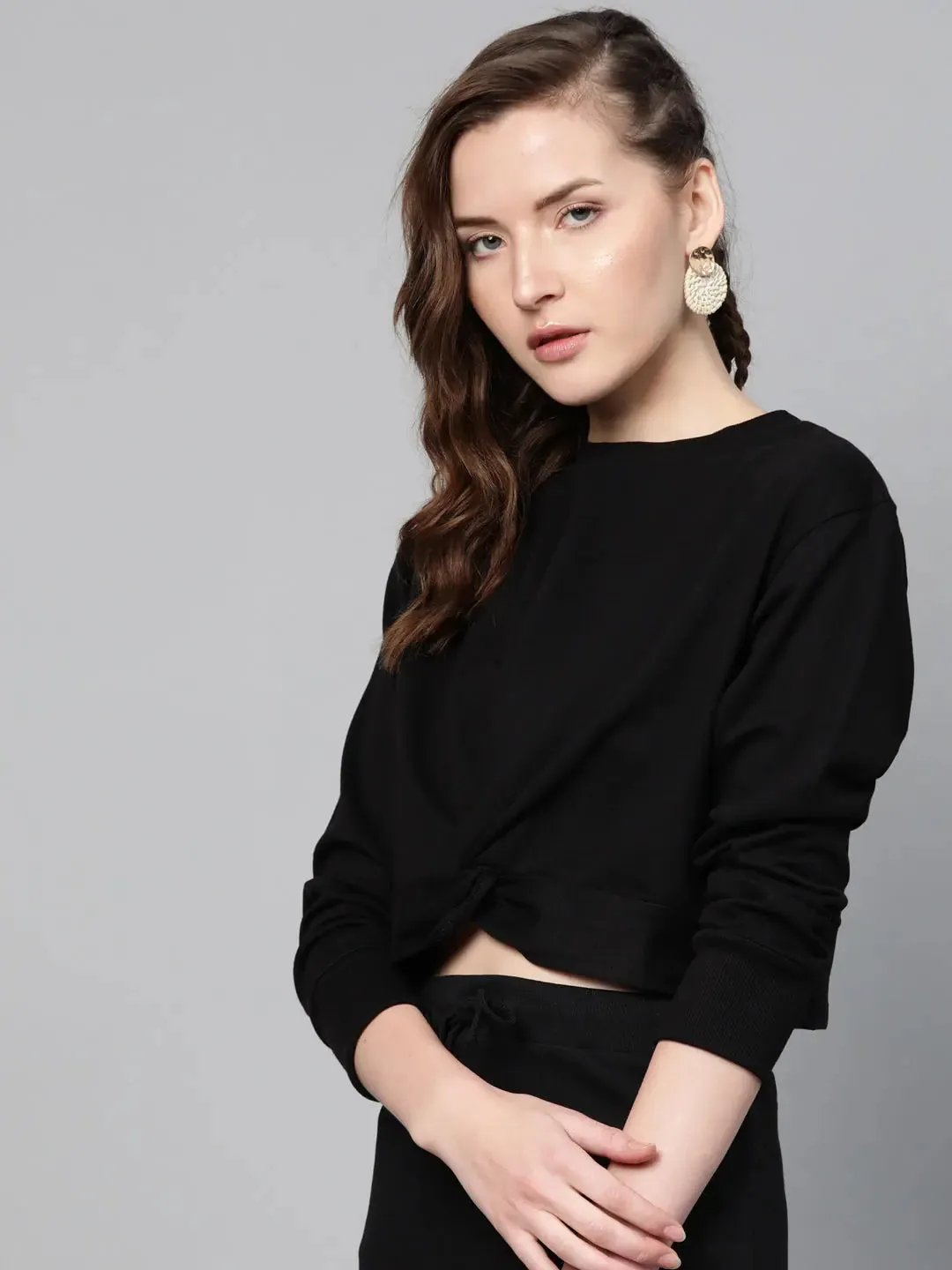 Black Terry Twisted Crop Sweatshirt