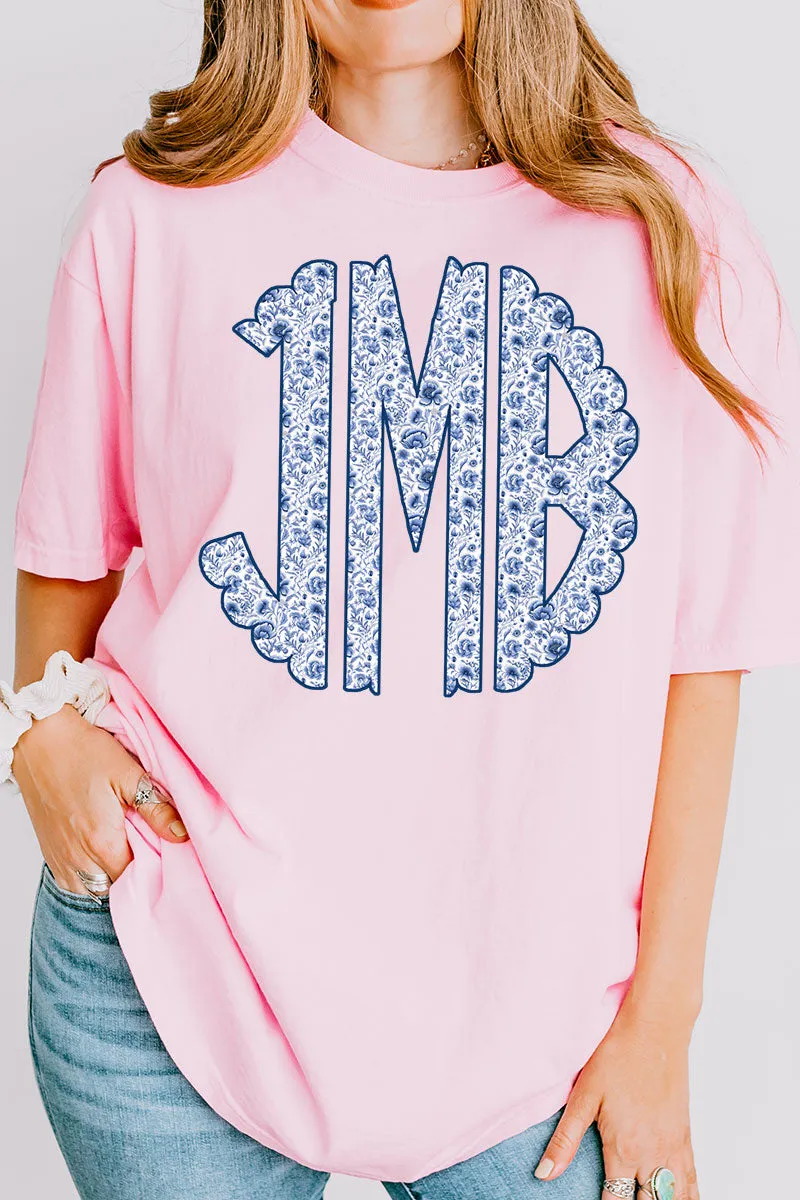 Blue Chinoiserie 3 Letter Monogram Comfort Colors Adult Ring-Spun Cotton Tee